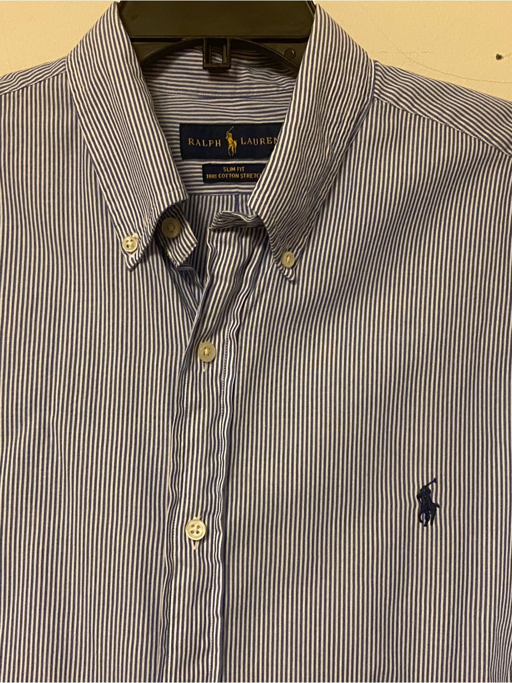 😍Vintage RL Blue Label Slim-Fit Striped Cotton w/Stretch Button Down
